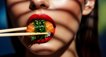 Woman eating sushi with chopsticks