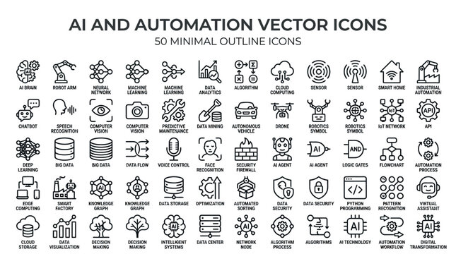 Minimal outline vector icons representing artificial intelligence, machine learning, data, and automation concepts for technology and business applications