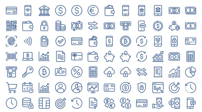 Essential line art icons for modern user interfaces, dashboards, and analytics. Comprehensive vector set for web and mobile application design