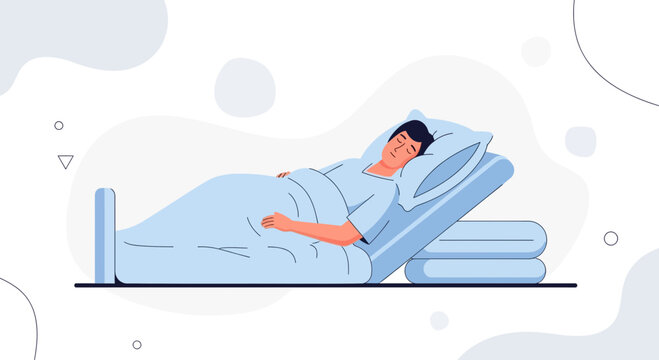 Man sleeping in hospital bed, medical care, recovery, healthcare illustration