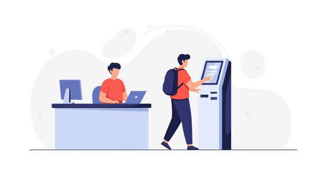 Man using self-service kiosk, employee at desk with laptop in modern office