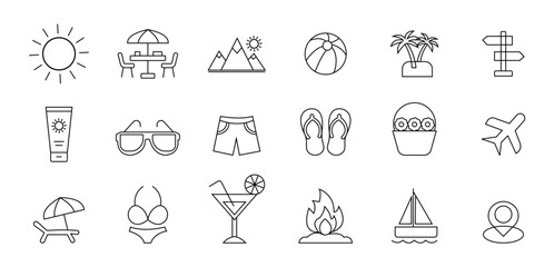 Summer vacation outline icon set with editable stroke in thin line. Travel tourism line icon set featuring vacation, holiday, trip, world, flight, hotel, suitcase, and destination. Editable stroke.  © NURAKTAR