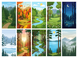Naklejka premium Beautiful Forest Landscape Collection Vector, Natural Scenery in Different Seasons and Times of Day