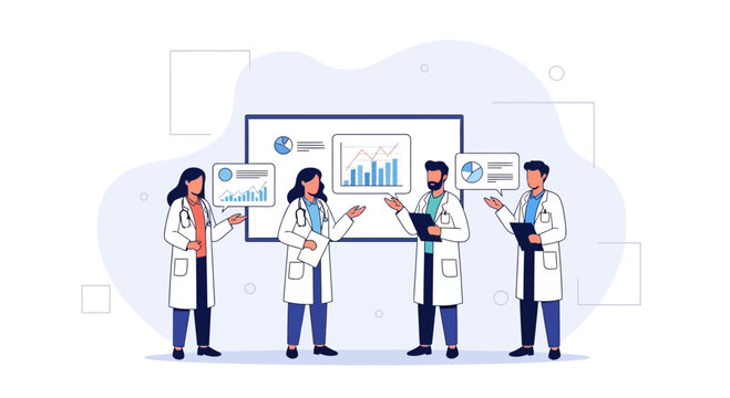 Medical team presenting data analysis and research findings on a screen