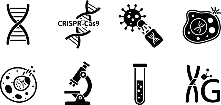 Genetic engineering and biotechnology icons set, DNA, CRISPR, microscope eps.