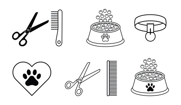 Pet care icon set. Pet care icons for pet grooming and veterinary services. Vector illustration.