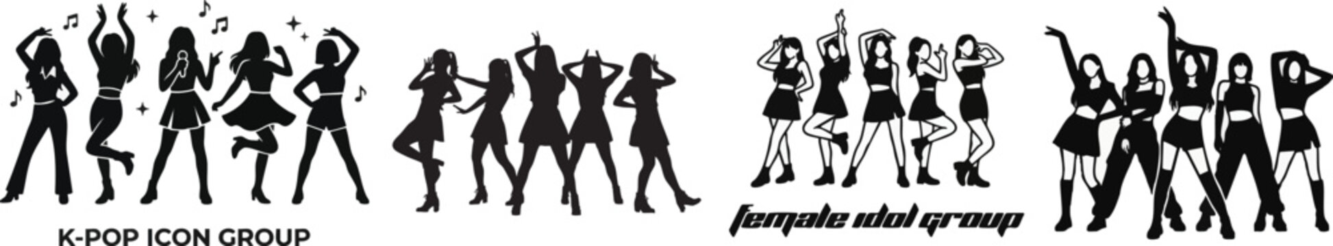 female idol group silhouette  female icon set dancing and posing  vector icon isolated on white background