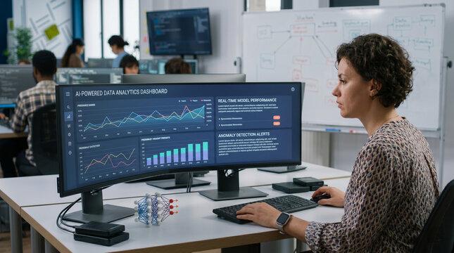 Colleagues collaborating on AI data analytics and machine learning pipelines in modern office