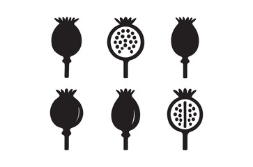 Naklejka premium Six black poppy seed heads in varying stages of ripeness are displayed