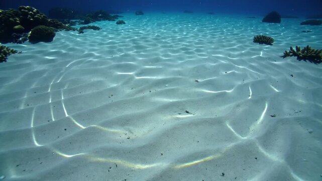 Underwater view of a sandy seabed with sunlight caustic patterns and coral reefs in clear blue ocean water