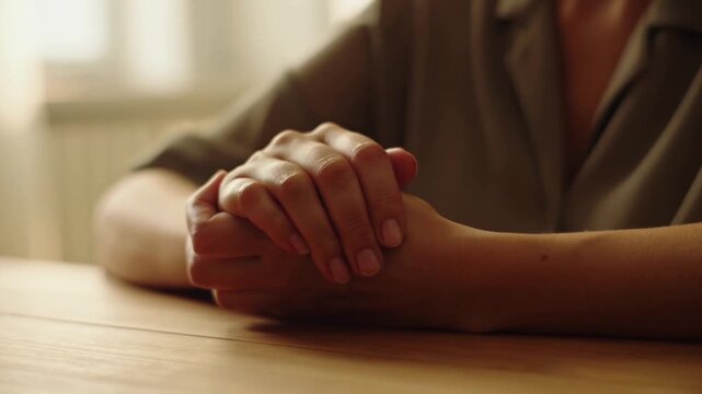 Hands rest gently on wooden surface. Fingers interlace, suggesting calm or contemplation. Soft light filters through window behind. Person wears muted-toned shirt, no visible facial expression