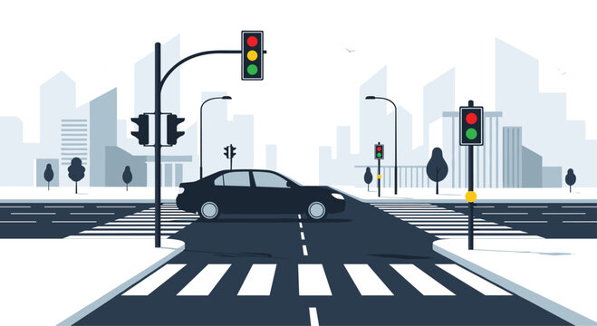 Black car crossing a city intersection with traffic lights crosswalks and tall buildings in a simplified vector illustration style.