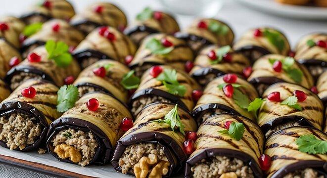 Grilled eggplant rolls filled with savory minced meat, walnuts, and garnished with fresh pomegranate seeds and parsley.