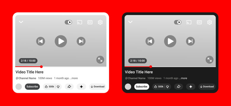 YouTube Media Player Window Mockup Collection in Light Theme and Dark Theme with Video Streaming Frame, Playback Control UI Screen. Social Media Design Template