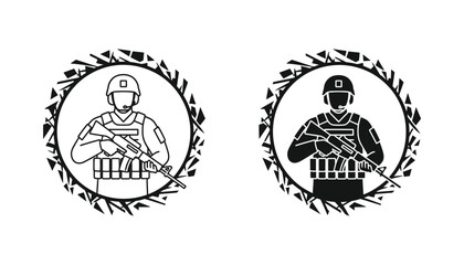 Obraz premium Soldier with rifle circular emblem simple vector icon outline and solid fill for military and security themes