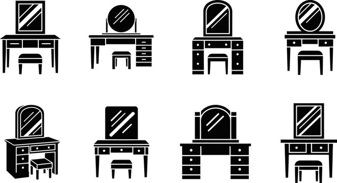 Eight black silhouette dressing table vanity icons set on white background eps.