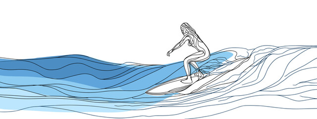 Dynamic Surfer Riding Waves in a Blue Ocean with Vibrant Energy and Motion Under Clear Skies © Katya