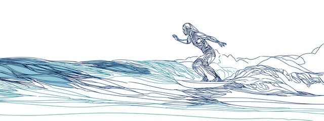 Dynamic Surfer Riding Waves in a Blue Ocean with Vibrant Energy and Motion Under Clear Skies © Katya