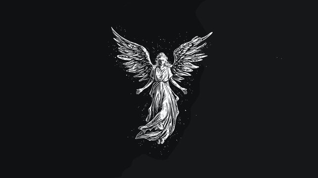 Monochrome Statue of a Grieving Angel with Wings Kneeling in Sorrowful Contemplation