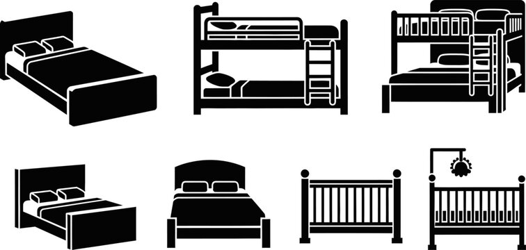 Furniture bed icons set including bunk beds double beds and baby cribs for interior design.
