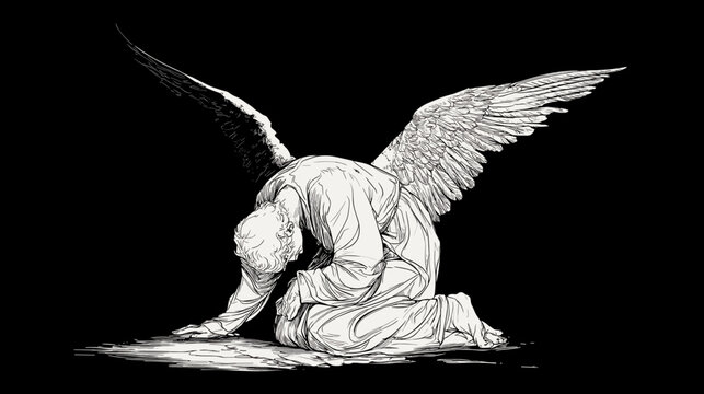 Monochrome Statue of a Grieving Angel with Wings Kneeling in Sorrowful Contemplation
