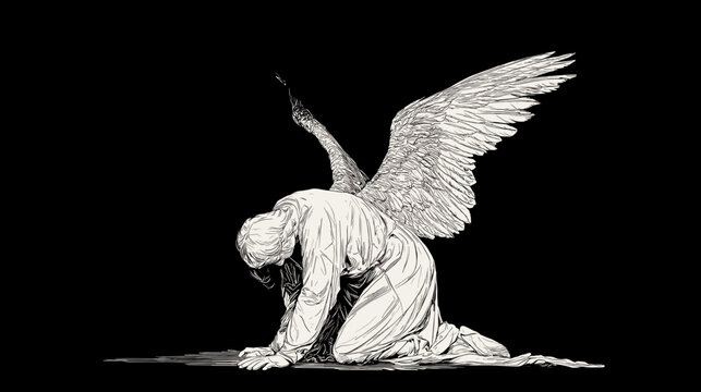 Monochrome Statue of a Grieving Angel with Wings Kneeling in Sorrowful Contemplation