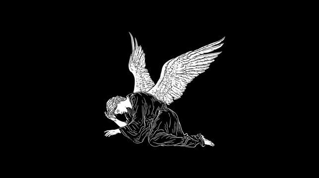 Monochrome Statue of a Grieving Angel with Wings Kneeling in Sorrowful Contemplation