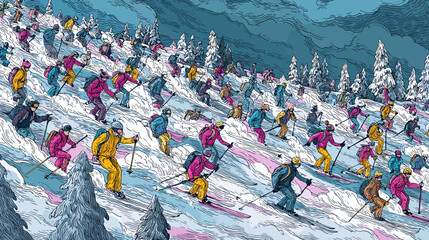 Large Group of Skiers Enjoying a Colorful Day of Skiing on Snow-Covered Slopes in Winter © Katya