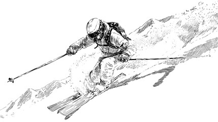 Skier Racing Down Snowy Mountain Slope During Winter in Alpine Landscape © Katya