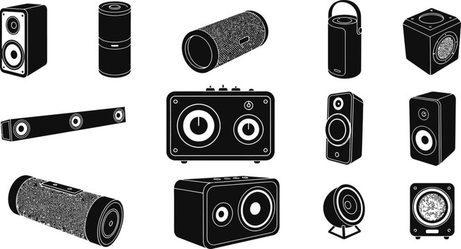 Wireless speaker and audio devices black glyph icons set isolated on transparent background eps.