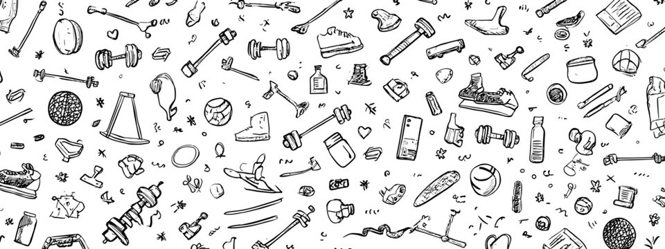 Diverse Collection of Hand Tools and Equipment Sketches in Black and White Background