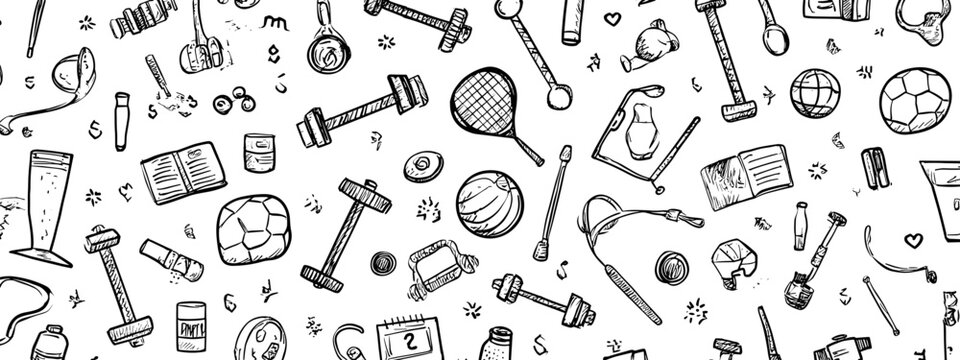 Diverse Collection of Hand Tools and Equipment Sketches in Black and White Background