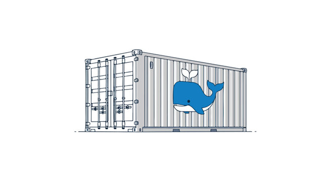 Industrial shipping container vector illustration, metal cargo freight box with blue whale logo, global logistics and maritime transport icon