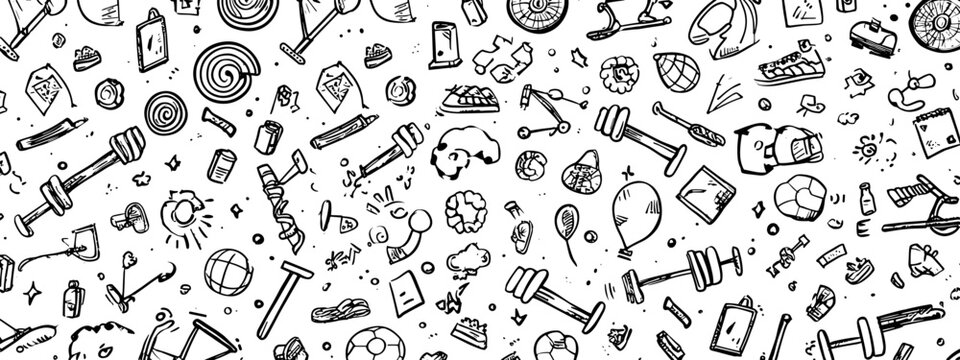 Diverse Collection of Hand Tools and Equipment Sketches in Black and White Background