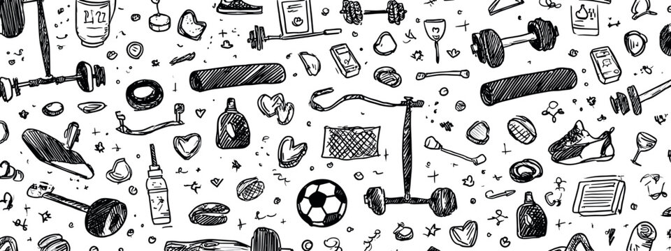 Diverse Collection of Hand Tools and Equipment Sketches in Black and White Background