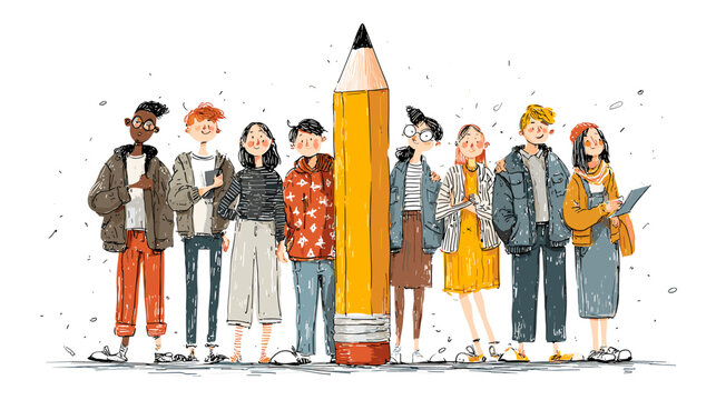 Group of Diverse People Standing Together with a Large Pencil in Colorful Illustration
