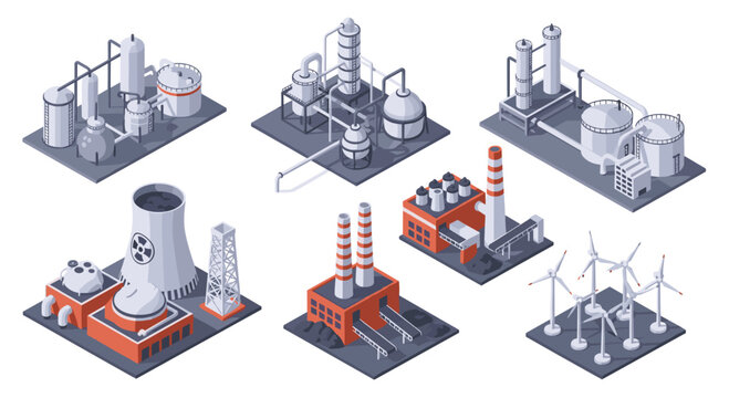 A set of isometric industrial complex illustrations showcases various energy production facilities including nuclear power plants and renewable wind turbine farms.