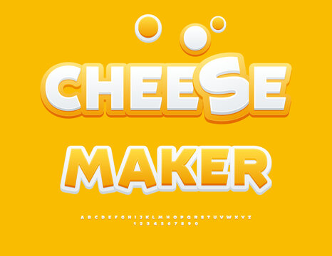 Vector Advertising label Cheese Maker. Artistic Cool Font. Classic Alphabet Letters and Numbers set.