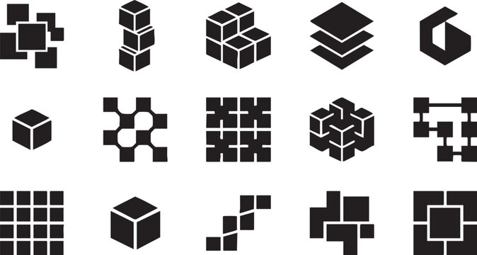 Set of black geometric square and cube shapes isolated on transparent background.