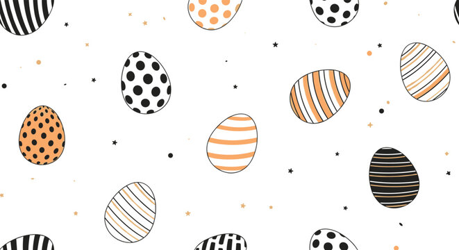 Festive seamless pattern with decorated Easter eggs in black, white, and orange patterns with stars for holiday background and card.