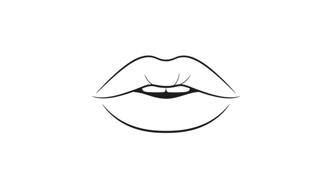 Simple black and white line art illustration of human lips with a slight smile for beauty and fashion design projects or medical icons.