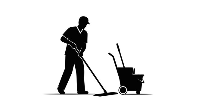 professional janitor cleaning with industrial floor polisher in minimalist workspace