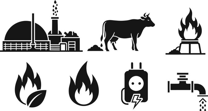 Biogas energy production icons with cow manure factory plant and green flame symbols eps.