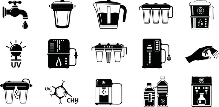 Water purification system filtration eps icon pack for clean home drinking liquid supply.