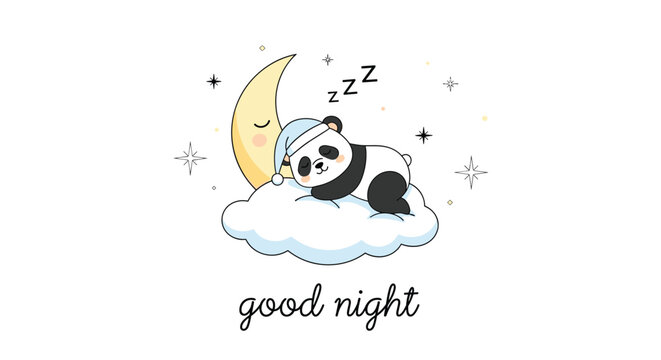 Peaceful baby panda wearing a nightcap and sleeping on a fluffy white cloud with a crescent moon and stars for good night nursery art.