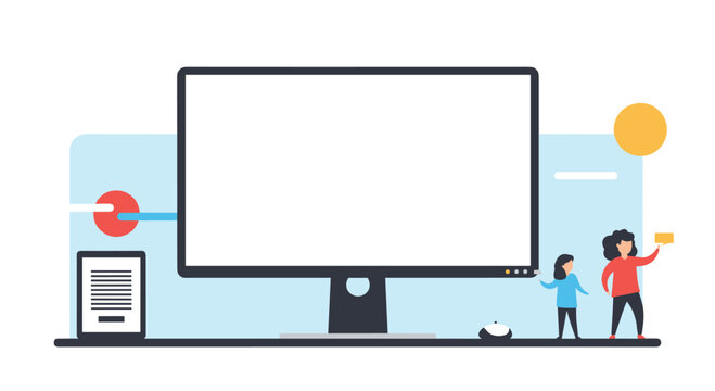 Graphic showing people interacting with a large computer monitor and digital documents representing business and technology.