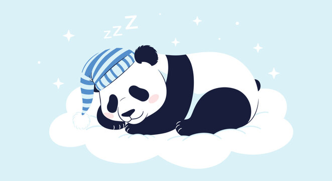 Cute large panda bear wearing a blue striped nightcap and sleeping comfortably on a soft cloud under a starry sky for kid wall decor.