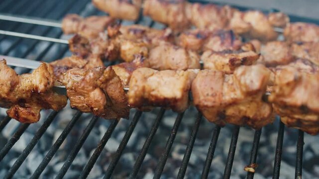 Pork BBQ Grilling on Skewers with Hand Turning Skewer