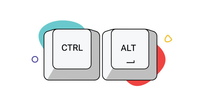 Graphic illustration of CTRL and ALT computer keyboard keys on a background decorated with abstract colorful shapes and circles.
