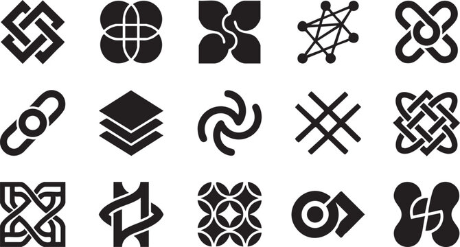 Abstract geometric shapes collection featuring interconnected nodes and complex linear loops.